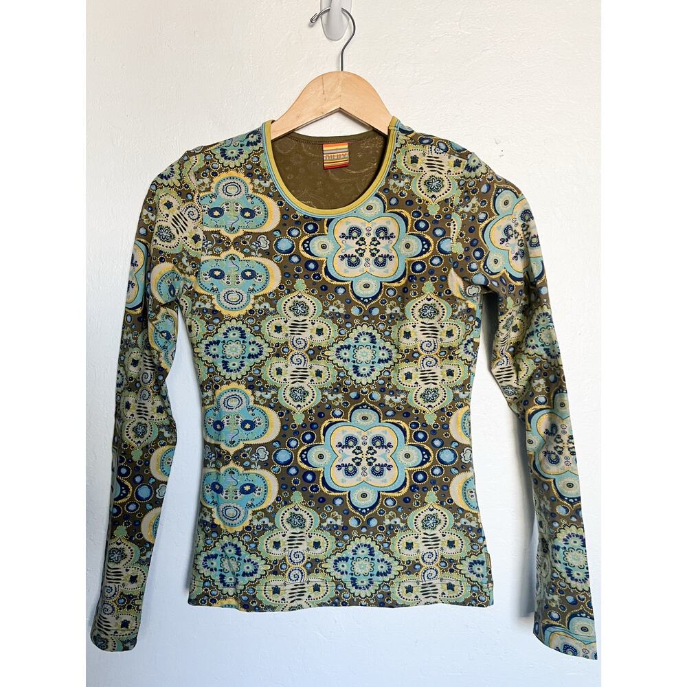 VTG Oilily Shirt XS Long Sleeve Crewneck Retro Flower Boho Green Blue Metallic